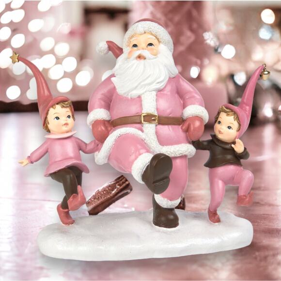 December Diamonds Retro Pink Dancing Santa Claus With Elves Christmas Figure NEW - Picture 10 of 11